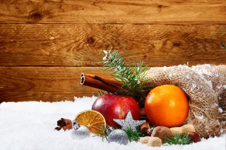 圣诞节,新年,雪,橙,苹果,肉桂,4k（水平）