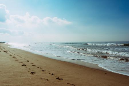 海滩,蓝色,棕色,脚印,橙色,沙,海,岸,夏天,水,波浪