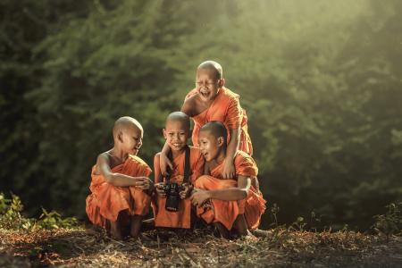亚洲，尼泊尔，儿童，僧侣，相机，笑，心情