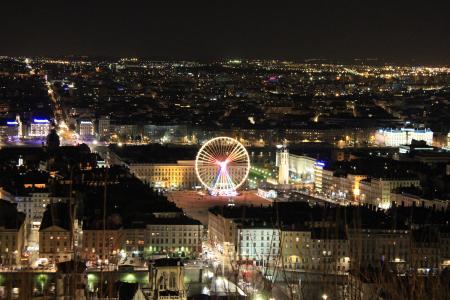 法国, 里昂, 晚上, 城市, 灯, 纪念碑, 景观