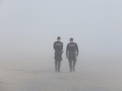 海滩, 雾, 男子, 户外, 人, 警察, 海边