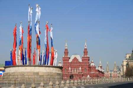 克里姆林宫, 胜利日, 旗帜, 沙皇的讲台, 红场, 蓝蓝的天空, 国家历史博物馆