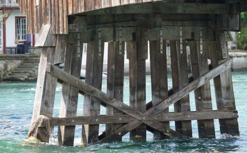 这座木桥, 海关桥, 桥梁墩台, 木材, 莱茵河, 瑞士德国, 德国-瑞士