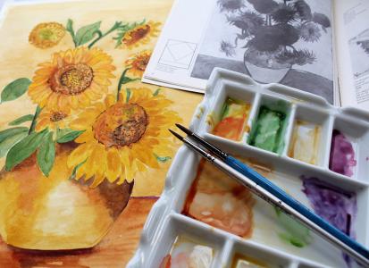 水彩颜料, 油漆刷, 调色板, 花卉油画, 向日葵, 梵高, 笔刷