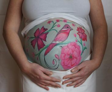 鸟, 粉色, 花, bellypaint, 肚皮画, 怀孕, 宝贝