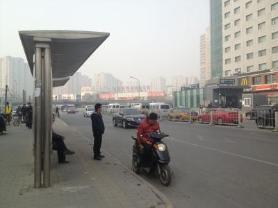 街景, 北京, 阴霾, 公交车站, 人, 运输, 城市场景