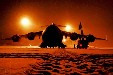 维护, 货运飞机, 除雪, 射流, 晚上, 飞机, 军事