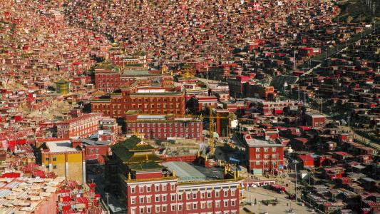 西藏, 红房子, 色达, 建筑外观, 建筑, 拥挤, 全帧