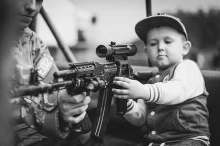 男孩, 儿童, 肖像, 军事, 武器, 步枪, 射击