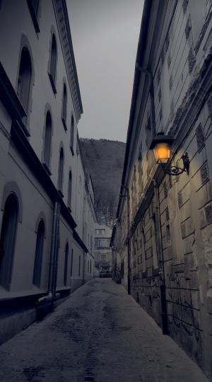 灯笼, 城市, 狭窄的街道, 晚上, 布拉索夫, 山, 罗马尼亚