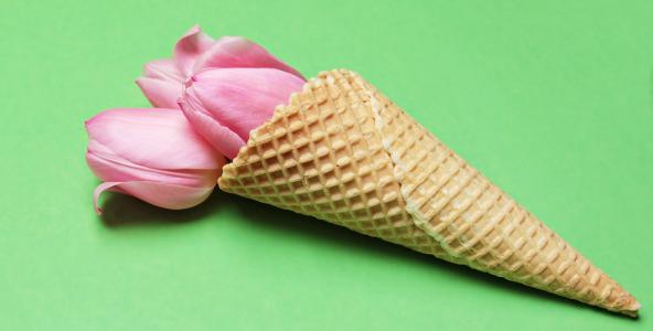 郁金香, 郁金香花, 花, 蛋卷冰淇淋, 华夫饼, 黄色, 粉色