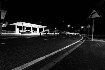 黑白, 汽车, 加油站, 光, 长时间曝光, 晚上, 道路