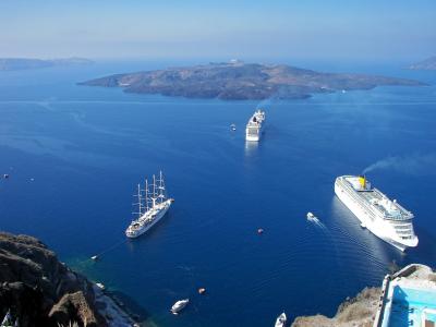 游船, 希腊, 基克拉泽斯, 圣托里尼岛, 爱琴海, 视图, 蓝色