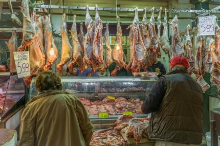 屠夫, 客户, 山羊肉, 市场, 市场大厅, 肉类市场