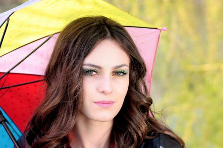 女孩, 雨伞, 着色, 美, 绿色的眼睛, 妇女, 秋天