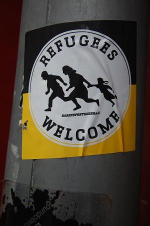 难民, 欢迎, 不干胶标签, 标志