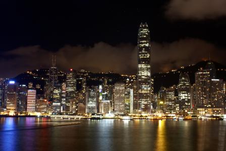 香港, 视图, 天际线, 城市, 城市景观, 端口, 晚上