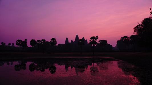 柬埔寨, 日出, 朝霞, 紫色, 天空, 剪影, 吴哥
