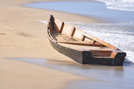 小船, 残骸, 木船, 海滩, 海, 波, 沙子