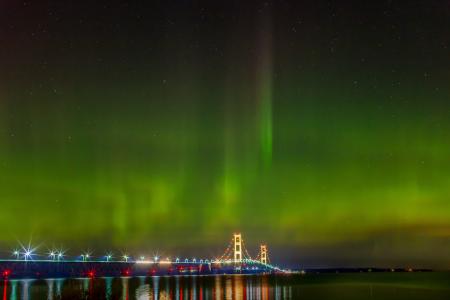 麦基诺桥, 北极光, 密歇根州, 灯, 北极光, 旅游, 风景名胜