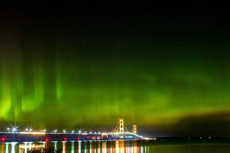 麦基诺桥, 北极光, 密歇根州, 灯, 北极光, 旅游, 风景名胜