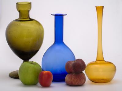 静物, 水果, 苹果, 桃子, 花瓶, 彩色玻璃