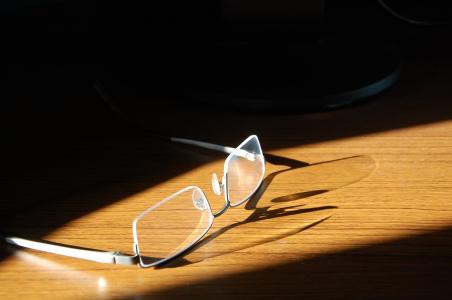 眼镜, 阳光, 折射, 办公桌, 阅读