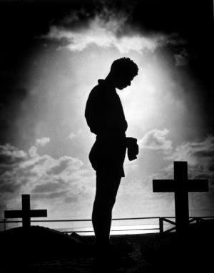 1944, 二次世界大战, 男子, 士兵, 站, 坟墓, 墓石