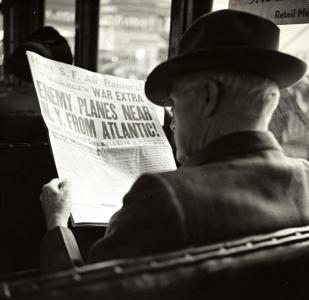 男子, 报纸, 帽子, 公共汽车, 阅读, 年份, 照片