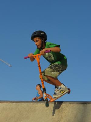 滑板车, 孩子, 特技, 跳跃, 半管, 跳转, 体育