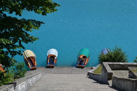 湖, 布莱德, 小船, 梯子, 蓝色的水, 斯洛文尼亚