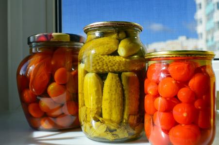 泡菜, 坯, 黄瓜, 番茄罐头, 玻璃罐, 养护, 红色