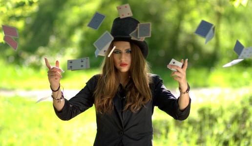 女孩, 礼帽, 玩纸牌, 运气, 魔术, 妇女, 女性