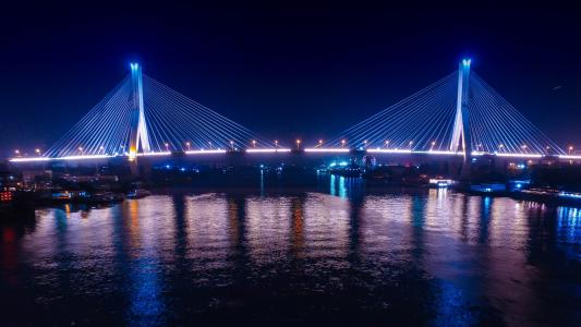 广州, 起重机孔桥, 夜景, 桥-男人作结构, 建筑, 河, 晚上