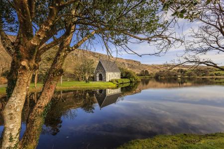 爱尔兰, 湖, 平静, 反思, 教堂, 水, 景观