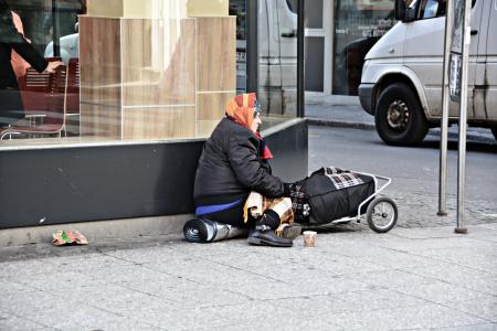 贫困, 无家可归者, 法兰克福, 乞丐妇女, 街道, 人, 城市场景