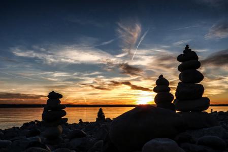 日落, 石头, 堆积的石头, 碎石桩, 数字, 康斯坦茨湖, 天空