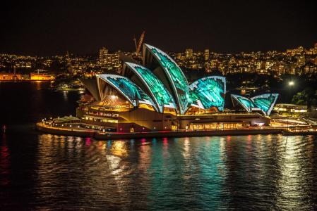 悉尼, 澳大利亚, 生动的 (, 歌剧院, 晚上, 著名的地方, 悉尼歌剧院