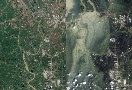 洪水, 海啸, 大城, 卫星照片, 鸟瞰图, 土地, 地图