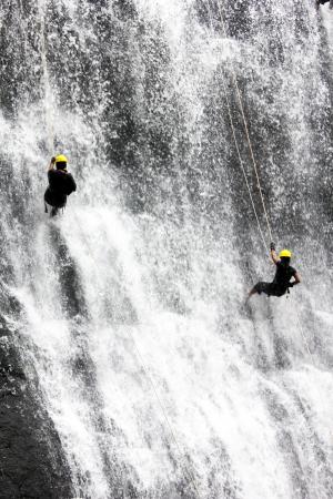 瀑布, 人, 两个, 速降, 攀爬, 冒险, 水