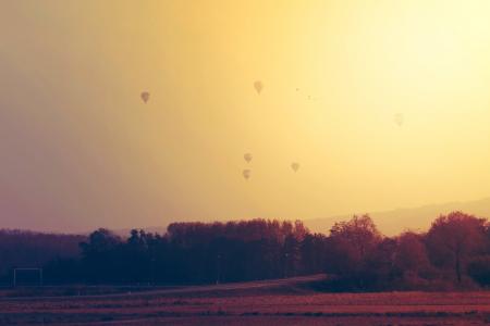 热气球, 浮动, dom, 日落, 景观, 橙色, 飞行