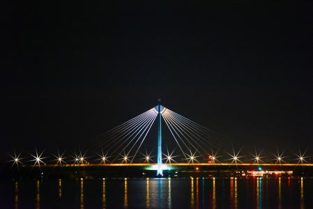 桥梁, 多瑙河, 维也纳, 奥地利, 建筑, 晚上, 灯