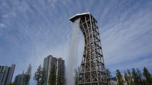 釜山市民公园, 人工瀑布, 天空, 韩国, 喷泉, 塔, 建筑