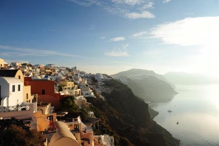 圣托里尼岛, 希腊, 爱琴海, 海, 天空, 一大早我, 小镇