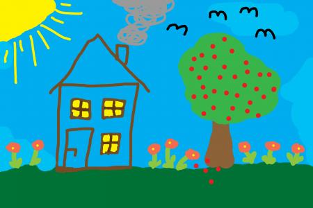 儿童绘画, 首页, 树, 草甸, 多彩, 插图, 矢量