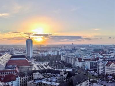 莱比锡, 城市, 德国, 日出, 太阳, 天际线, 前景