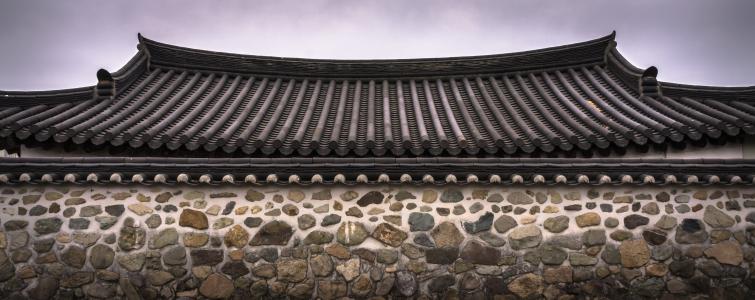 屋面瓦, 石头墙, 韩, 传统, 模式, 纹理, 野生