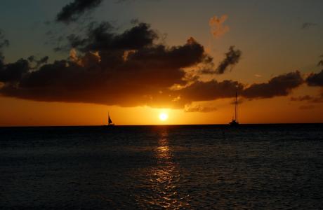 阿鲁巴, 日落, 加勒比海, 帆, 帆船, 剪影, 海