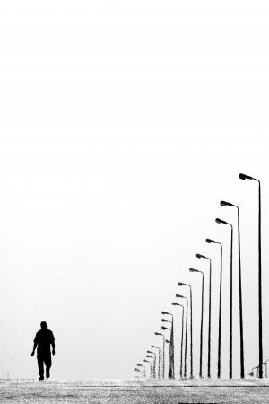 孤独, 黑白, 灯柱, 灯具, 男子, 道路, 路灯