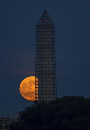月亮, 全, 近地点, 晚上, 华盛顿纪念碑, 发光, 光明